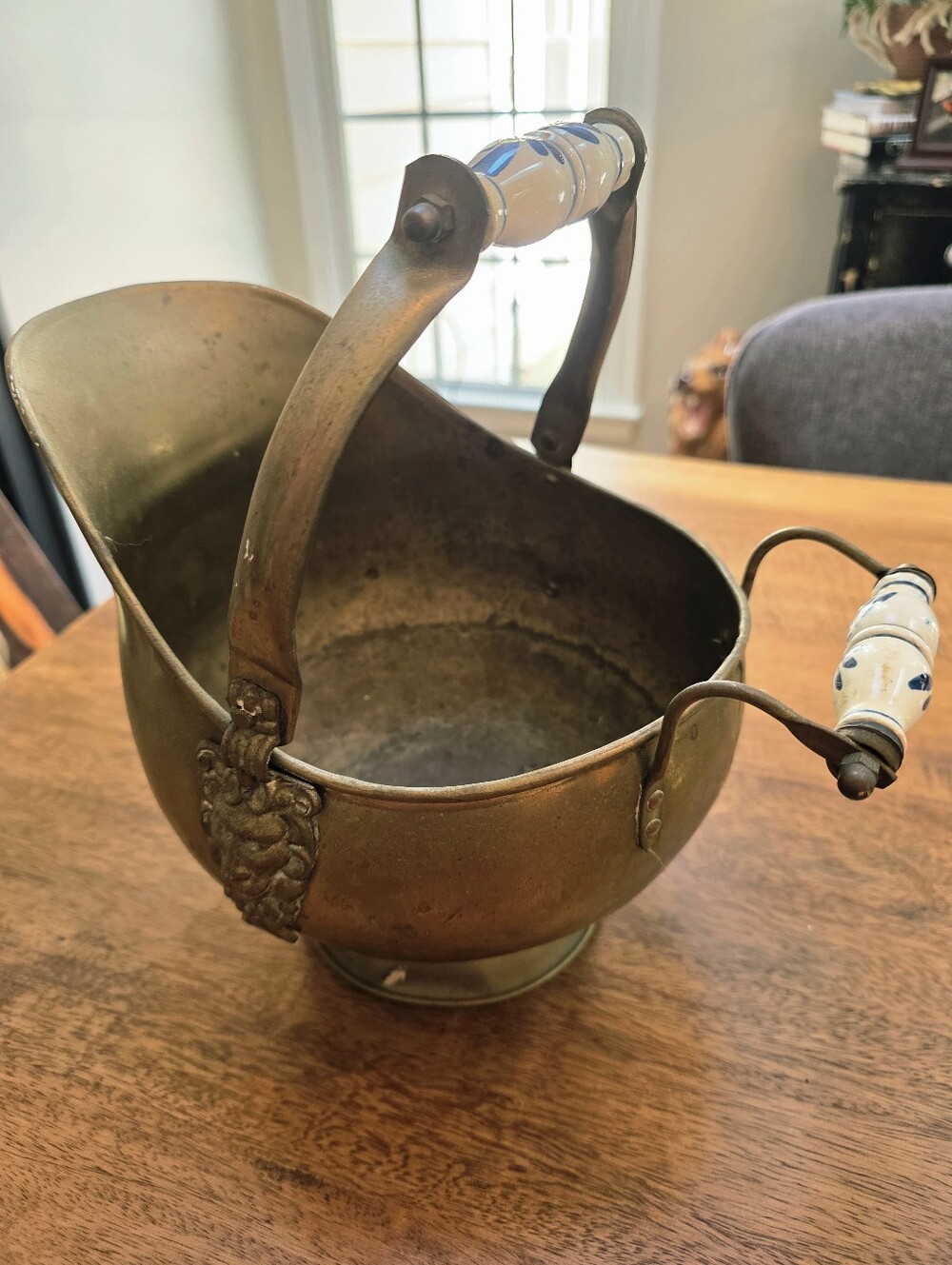 Small Brass Coal Scuttle With Blue & White Ceramic Handles
